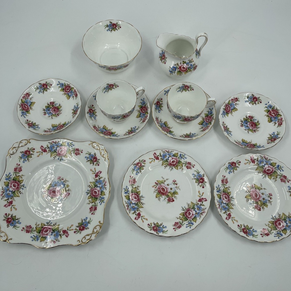 Tuscan Fine English Bone China Tea Set 11pc Floral Gold Gilt Scalloped Vintage